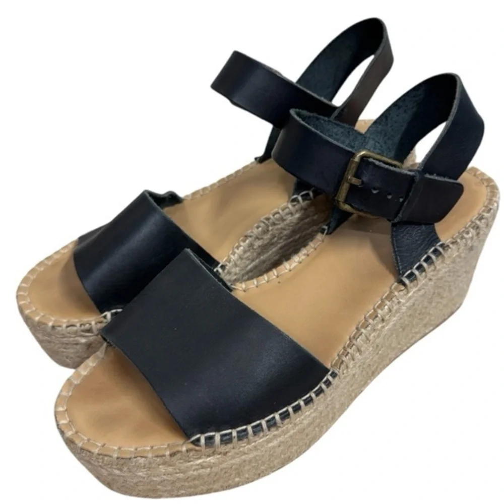 Soludos “Minorca” Wedge Espadrille Sandals Black Leather Strap Size 9.5 Summer
